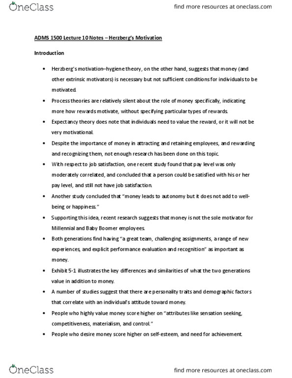 ADMS 1500 Lecture Notes - Lecture 10: Job Satisfaction, Expectancy Theory, Sensation Seeking thumbnail