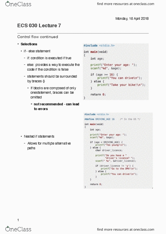 ECS 30 Lecture Notes - Lecture 9: Semicolon, Switch Statement, Control Flow thumbnail