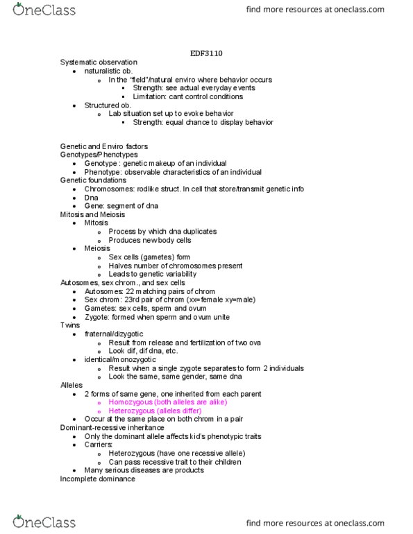 EDF 3110 Lecture Notes - Lecture 2: Chromosome Abnormality, Genetic Counseling, Heritability thumbnail