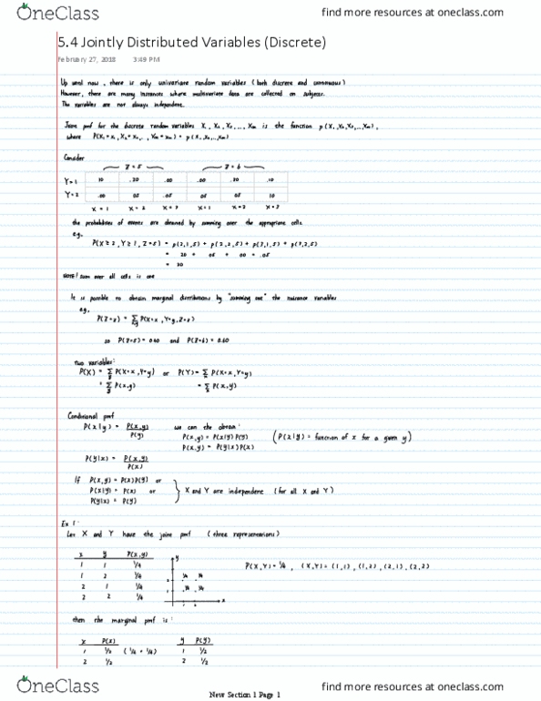 STAT 270 Lecture 27: 5.4 Jointly Distributed Variables (Discrete) thumbnail