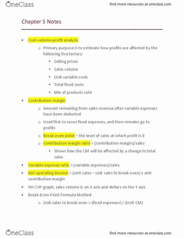 BUS 215 Chapter Notes - Chapter 5: Earnings Before Interest And Taxes, Contribution Margin thumbnail