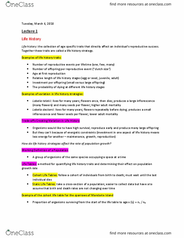 BIOL 2060 Lecture Notes - Lecture 2: Parental Investment, Climax Community, Trophic Cascade thumbnail