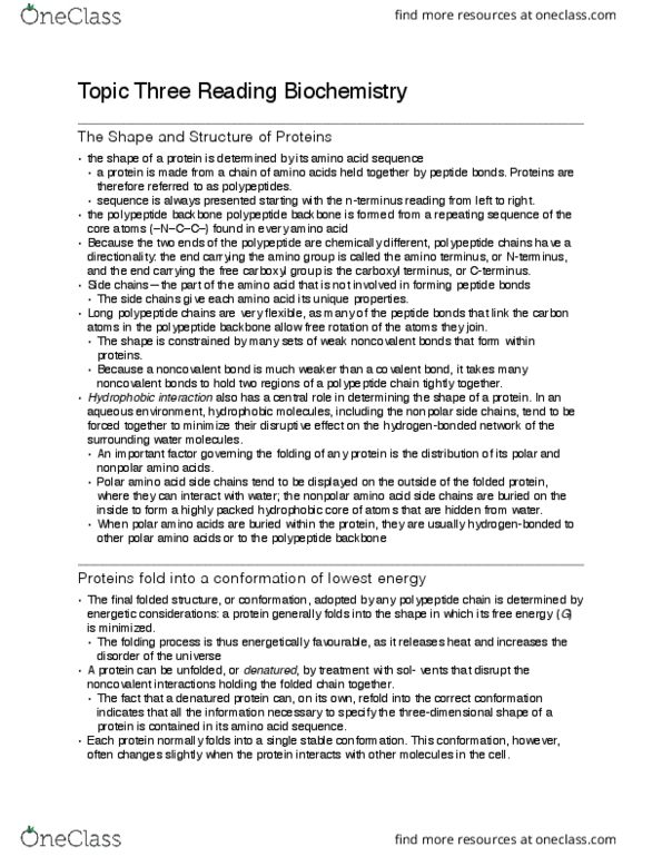 Biochemistry 2280A Chapter Notes - Chapter 3: Hydrophile, Keratin, Hemoglobin thumbnail