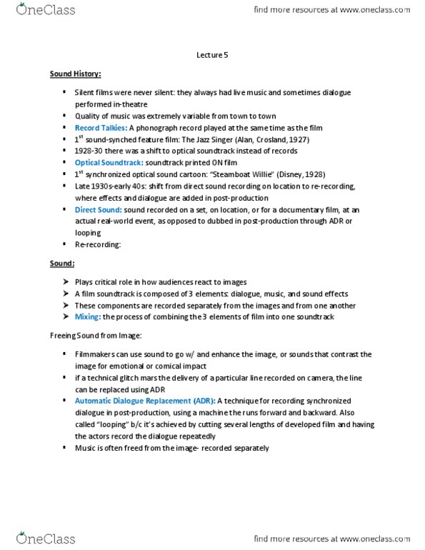 FS103 Lecture Notes - Lecture 5: Diegesis, Sound Recording And Reproduction, The Broadway Melody thumbnail