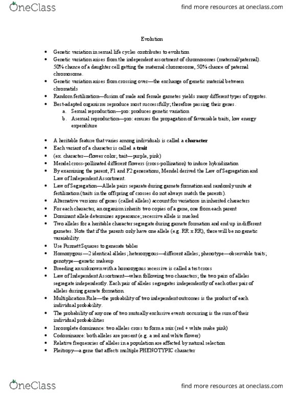 BIOL108 Lecture Notes - Lecture 4: Mutual Exclusivity, Punnett Square, Mendelian Inheritance thumbnail