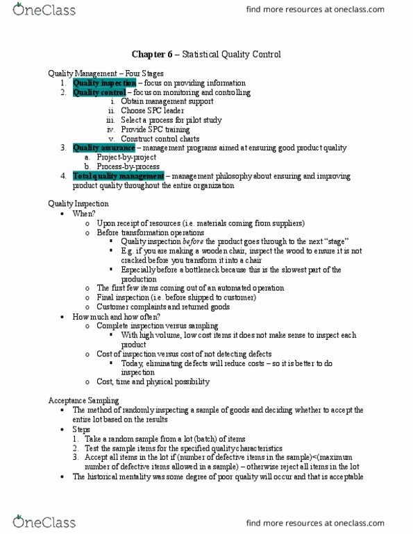 Management and Organizational Studies 3330A/B Chapter Notes - Chapter 6: Random Variable, Dmaic, Sample Size Determination thumbnail