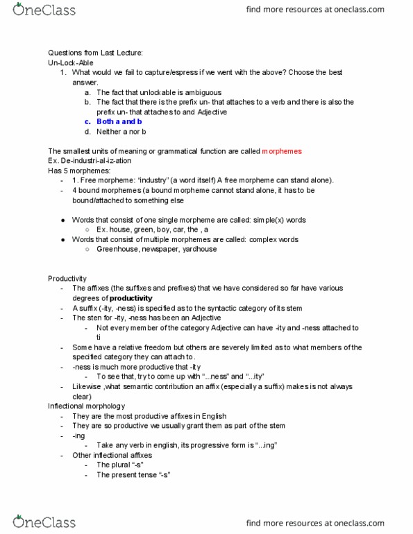 LING 110g Lecture Notes - Lecture 5: Inflection, Bound And Unbound Morphemes, Syntactic Category thumbnail