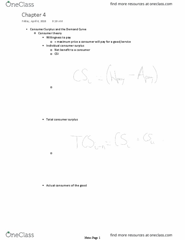 EC 201 Lecture Notes - Lecture 4: Economic Surplus, Consumer Choice, Demand Curve thumbnail