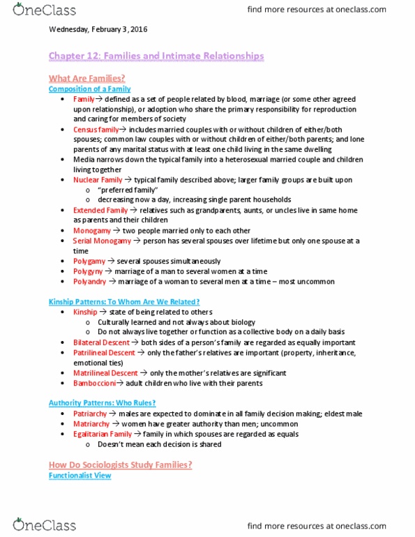 Sociology 1021E Chapter Notes - Chapter 12: Endogamy, Incest, Earthbound thumbnail