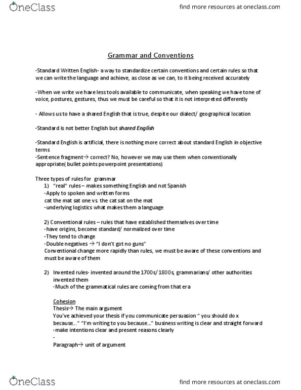 Writing 2111F/G Lecture Notes - Lecture 2: Standard Written English, Sentence Clause Structure thumbnail