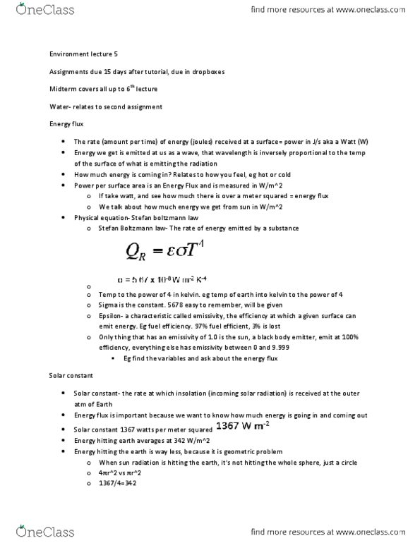 EESA01H3 Lecture Notes - Lecture 5: Solar Constant, Heat Flux, Global Warming thumbnail