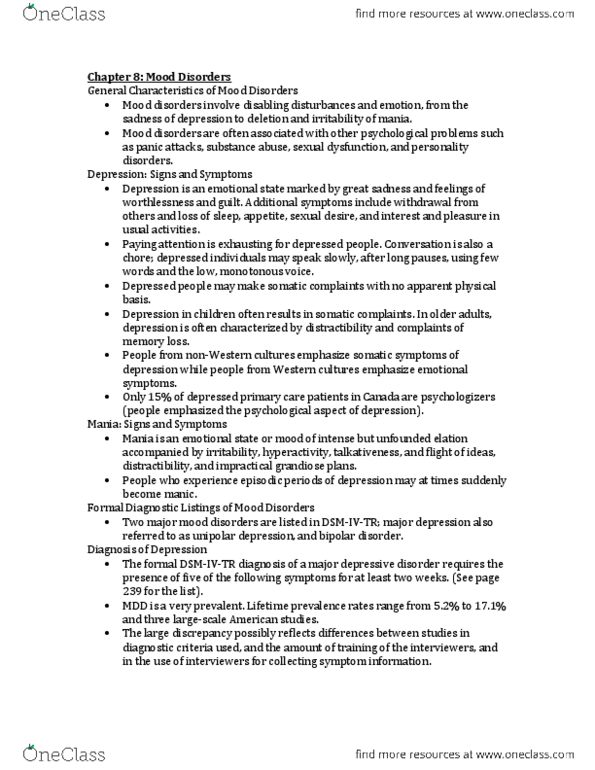 PSYB32H3 Chapter Notes - Chapter 8: Dexamethasone Suppression Test, Cyclothymia, Mania thumbnail