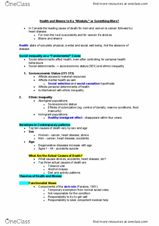 SOCI-100 Chapter Notes - Chapter 12: Sick Role, Social Inequality thumbnail