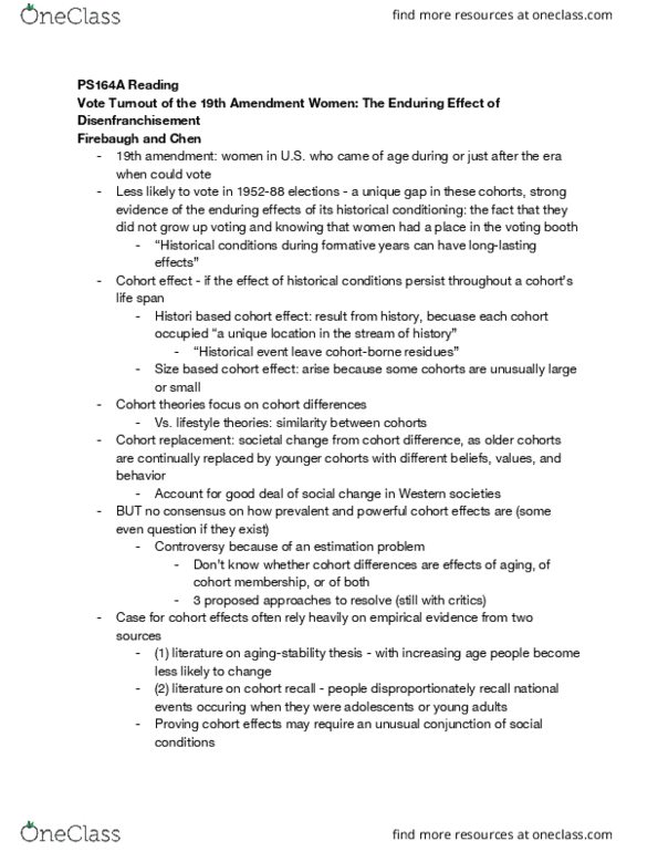 POL SCI 164A Chapter Notes - Chapter 15: Natural Experiment, Nineteenth Amendment To The United States Constitution thumbnail