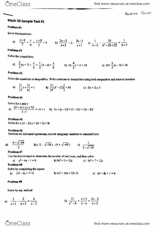 MATH 050 Quiz: Math 50 Practice Exam Problems - OneClass