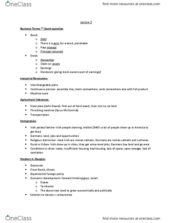 HIST 105 Lecture Notes - Lecture 5: William Lloyd Garrison, Cyrus Mccormick, Preston Brooks thumbnail