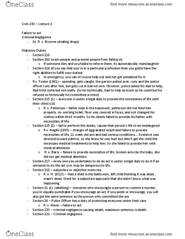 CRIM 230 Lecture Notes - Lecture 2: Homicide, Culpable Homicide, Actus Reus thumbnail