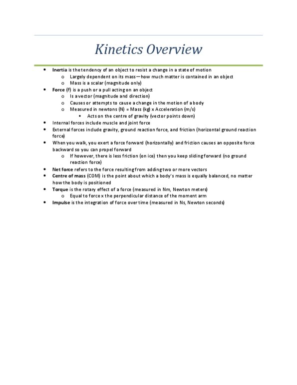 KINE 3030 Lecture : Kinetics Overview Lecture Notes Clear and concise notes taken during lecture. (Received an A) thumbnail