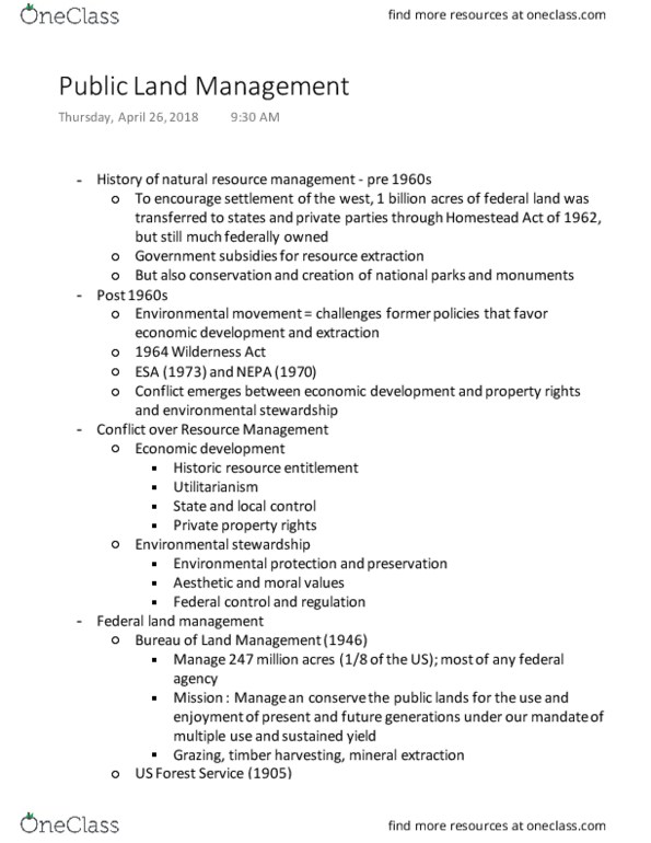 ENSP 102 Lecture Notes - Lecture 22: Dual Mandate, Antiquities Act, United States Forest Service thumbnail