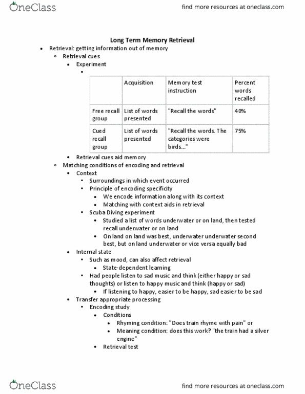 PSYC 2501 Lecture Notes - Lecture 16: Free Recall, Encoding Specificity Principle thumbnail