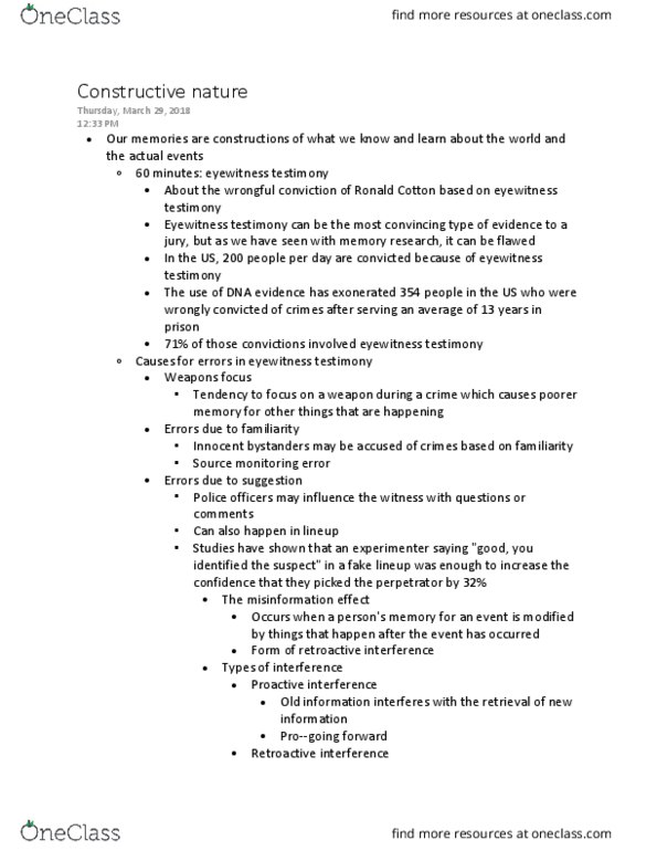 PSYC 2501 Lecture Notes - Lecture 28: Source-Monitoring Error, Eyewitness Testimony, Interference Theory thumbnail