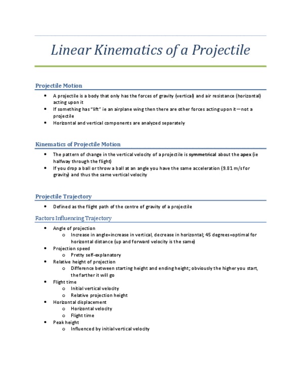 KINE 3030 Lecture : Linear Kinematics of a Projectile Lecture Notes Clear and concise notes taken during lecture. (Received an A) thumbnail