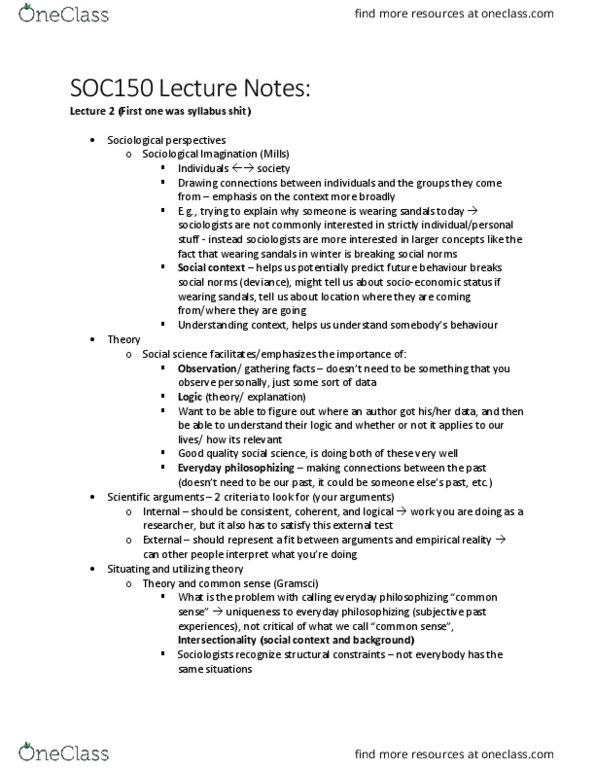 SOC150H1 Lecture Notes - Lecture 2: Sociological Perspectives, Antonio Gramsci, Intersectionality thumbnail