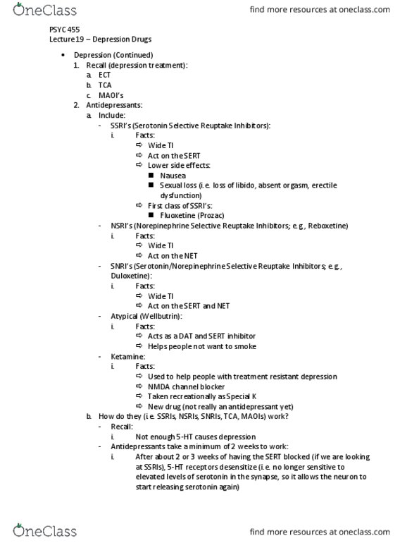 PSYC 455 Lecture Notes - Lecture 19: Treatment-Resistant Depression, Reboxetine, Duloxetine thumbnail