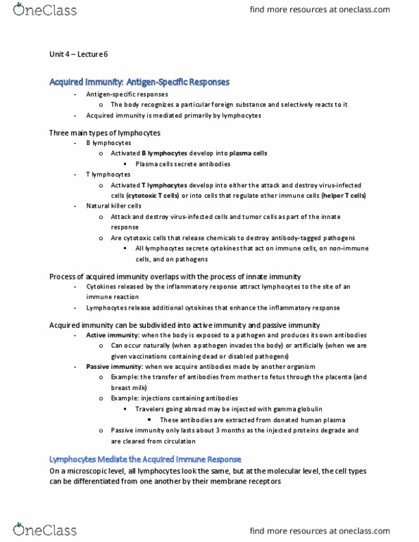 BIOL 2420 Lecture Notes - Lecture 6: Cytotoxic T Cell, Natural Killer Cell, Gamma Globulin thumbnail