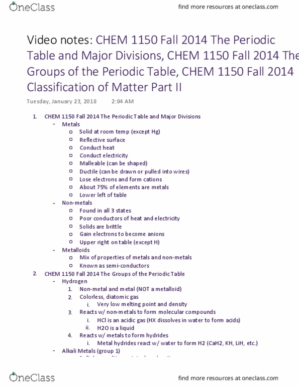 CHEM 1150 Lecture 4: Periodic Table Trends (Divisions and Groups) and Classifying Matter Part 2 thumbnail