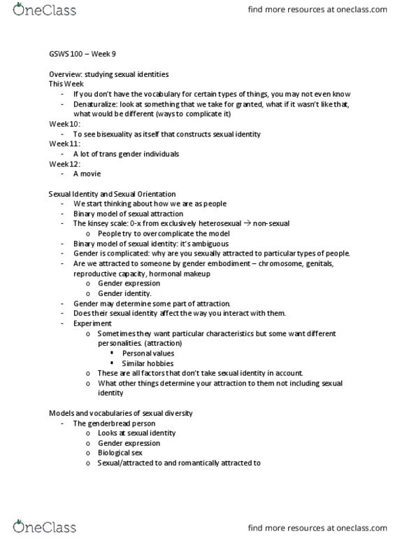 GSWS 100 Lecture Notes - Lecture 6: Social Constructionism, Kinsey Scale, Gender Identity thumbnail