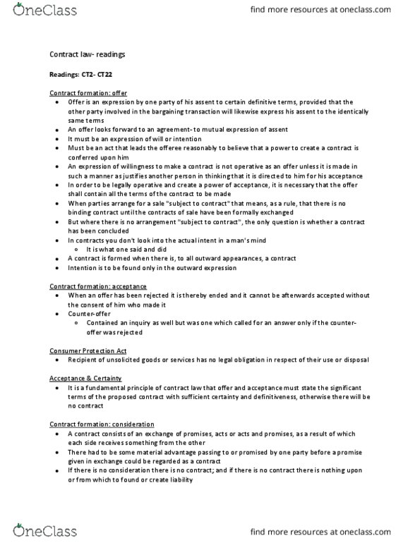 Law 2101 Chapter Notes - Chapter contract: Specific Performance thumbnail