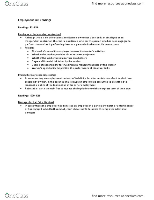 Law 2101 Chapter Notes - Chapter employment: Labour Law, Independent Contractor thumbnail