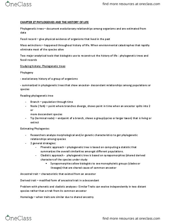 BLG 144 Lecture Notes - Lecture 9: Phenetics, Synapomorphy, Chapter 27 thumbnail