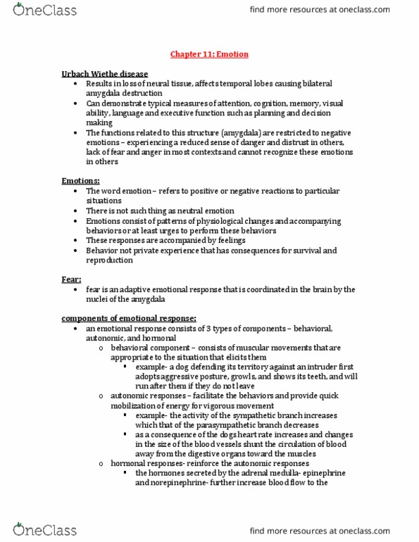 PSYC314 Chapter Notes - Chapter 11: Adrenal Medulla, Amygdala, Emotion And Memory thumbnail