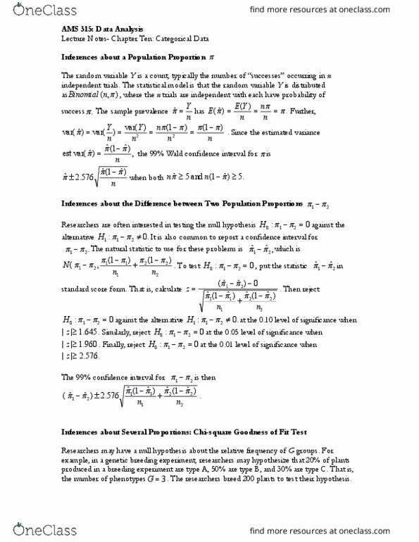 AMS 315 Lecture Notes - Lecture 20: Confidence Interval, Null Hypothesis, Standard Score thumbnail