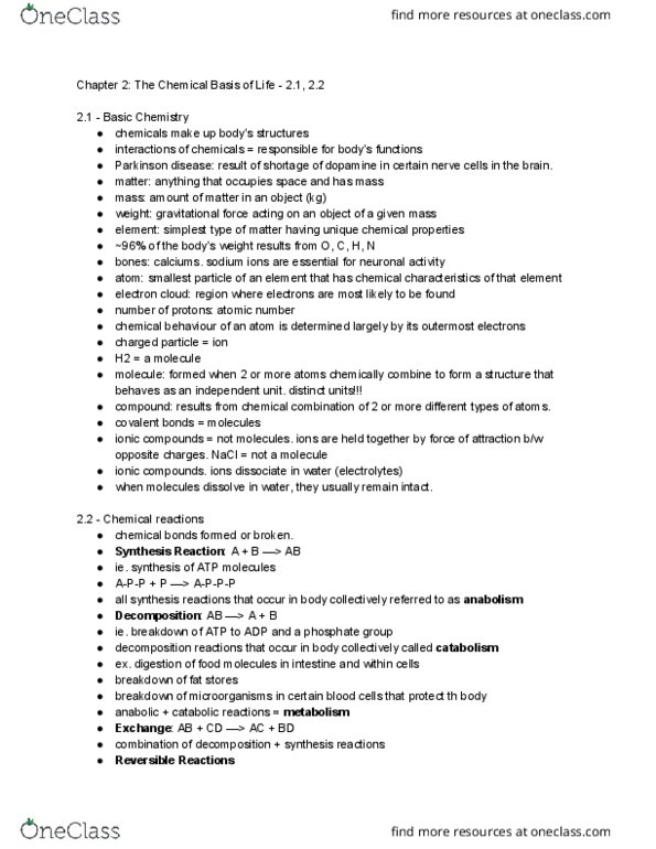 BPK 105 Chapter Notes - Chapter 2.1, 2.2: Atomic Orbital, Chemical Energy, Atomic Number thumbnail