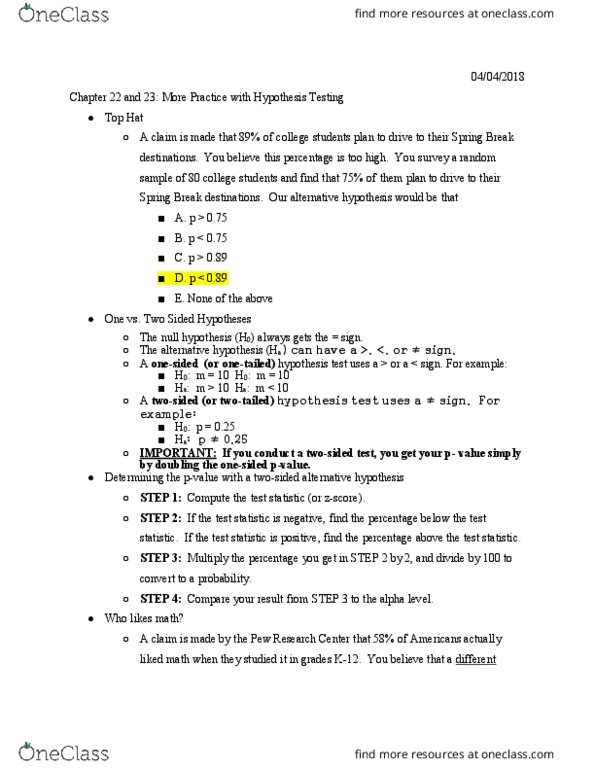 STAT 1350 Lecture Notes - Lecture 22: Pew Research Center, Null Hypothesis, Test Statistic thumbnail