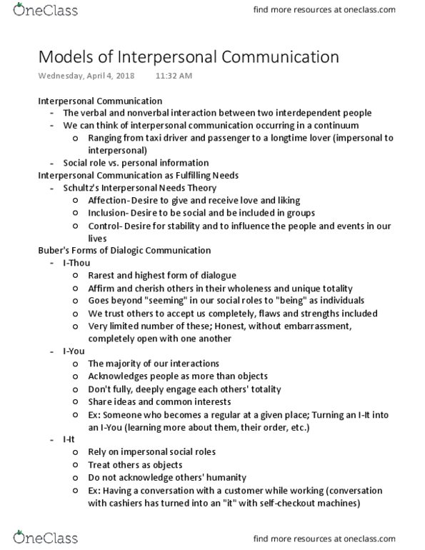 COMM 101 Lecture Notes - Lecture 19: Interpersonal Communication thumbnail