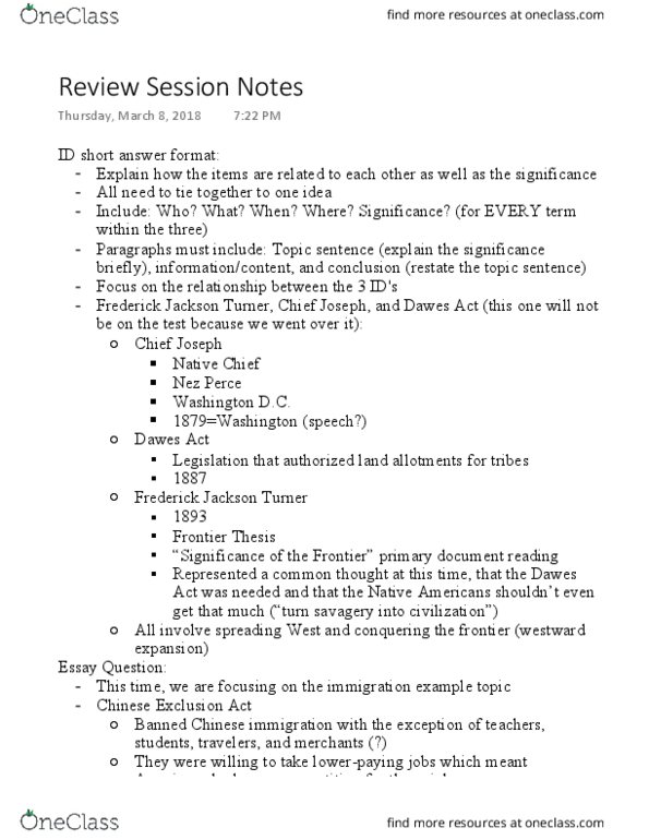 HIST 111 Lecture Notes - Lecture 22: Frederick Jackson Turner, Dawes Act, Frontier Thesis thumbnail