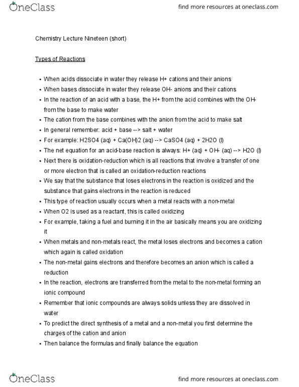 CHEM 1R03 Lecture Notes - Lecture 19: Ionic Compound, Nonmetal, Sulfuric Acid thumbnail