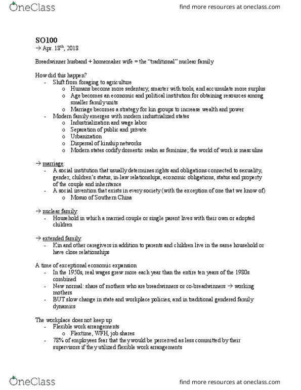 CAS SO 100 Lecture Notes - Lecture 32: Mosuo, Motherhood Penalty, Nuclear Family thumbnail