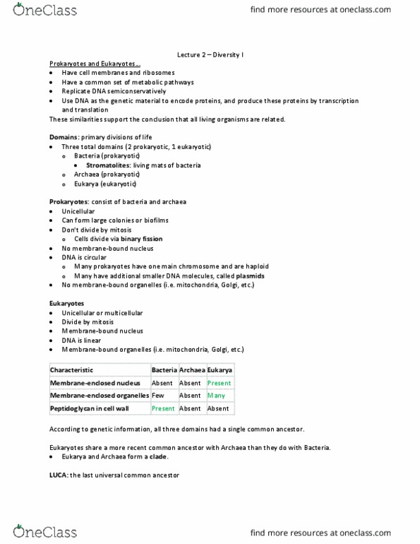 BIOEE 1780 Lecture Notes - Lecture 2: Dna Replication, Eukaryote, Archaea thumbnail