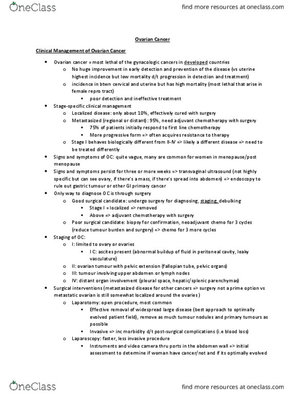 Anatomy and Cell Biology 4461B Lecture Notes - Lecture 1: Debulking, Neoadjuvant Therapy, Laparotomy thumbnail