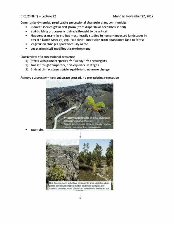 BIO120H1 Lecture Notes - Lecture 22: Pioneer Species, Primary Succession, Secondary Succession thumbnail