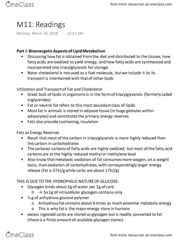 BIOCHEM 2EE3 Lecture Notes - Lecture 11: Adipose Tissue, Glycogen, Lipoprotein thumbnail