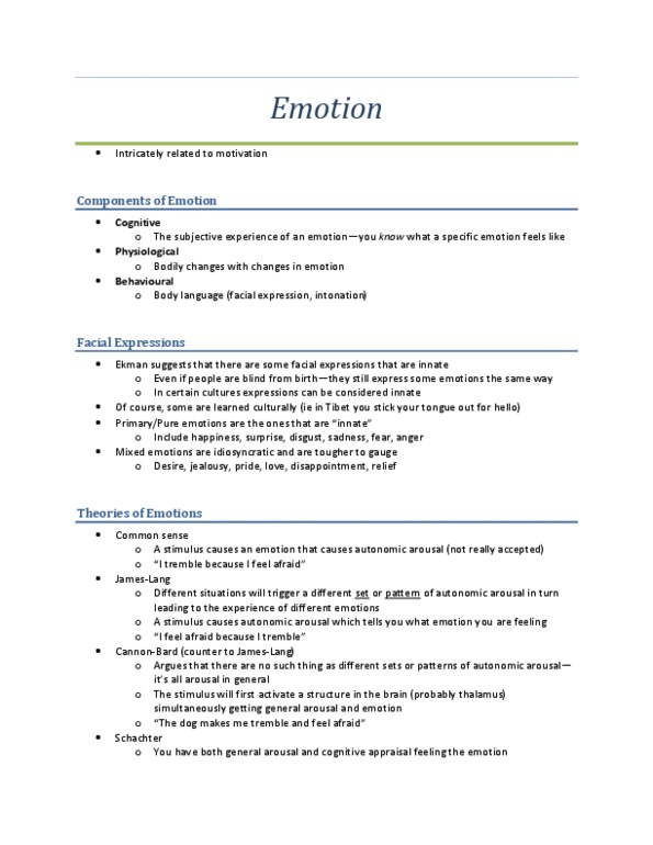 PSYC 1010 Lecture : Emotion Lecture Notes Clear and concise notes taken during lecture. (Received an A) thumbnail