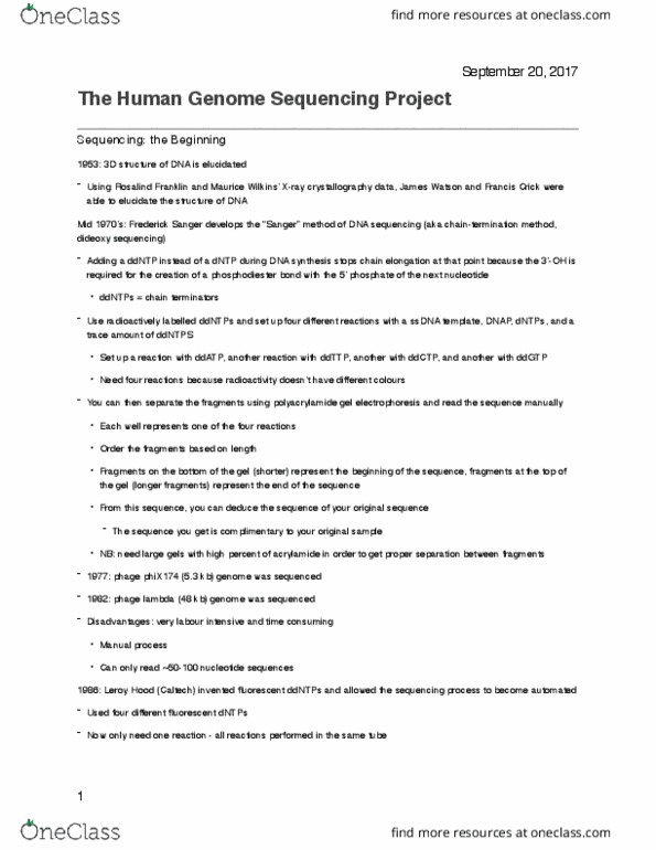 BCH 4101 Lecture Notes - Lecture 3: Polyacrylamide Gel Electrophoresis, Genome Project, Human Genome Project thumbnail