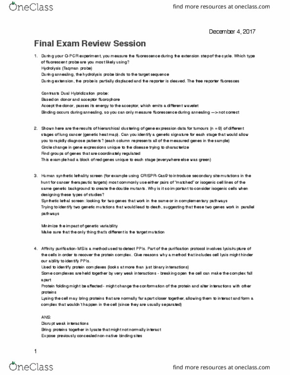 BCH 4101 Lecture Notes - Lecture 15: Synthetic Lethality, Hybridization Probe, Taqman thumbnail