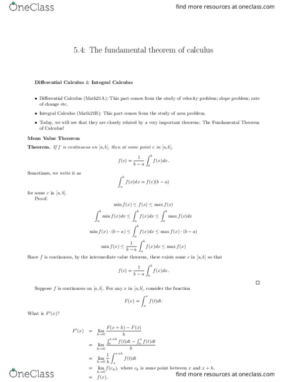 MAT 21B Lecture Notes - Lecture 5: Mean Value Theorem, Antiderivative thumbnail